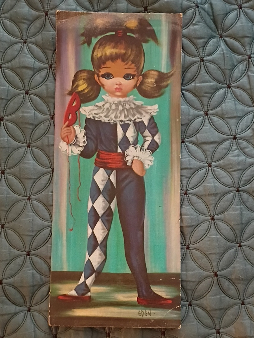 Vintage Harlequin Girl Painting in Blue, White & Red